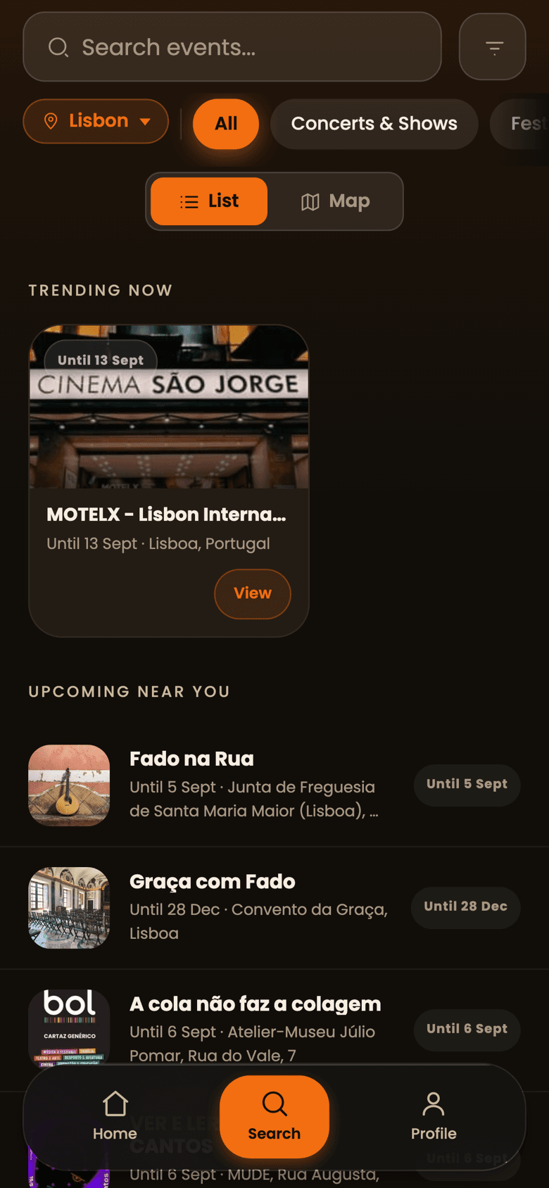 La lista de eventos de la app
