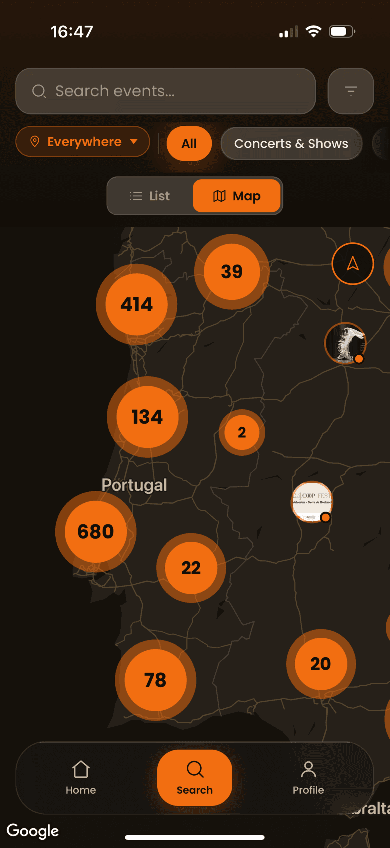 TIME&SPACE app map view with orange clusters showing where events are listed