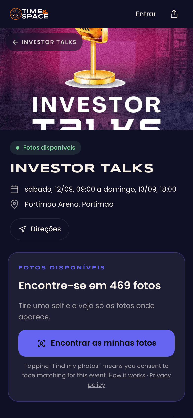 La página del evento que ve el invitado tras escanear el código QR