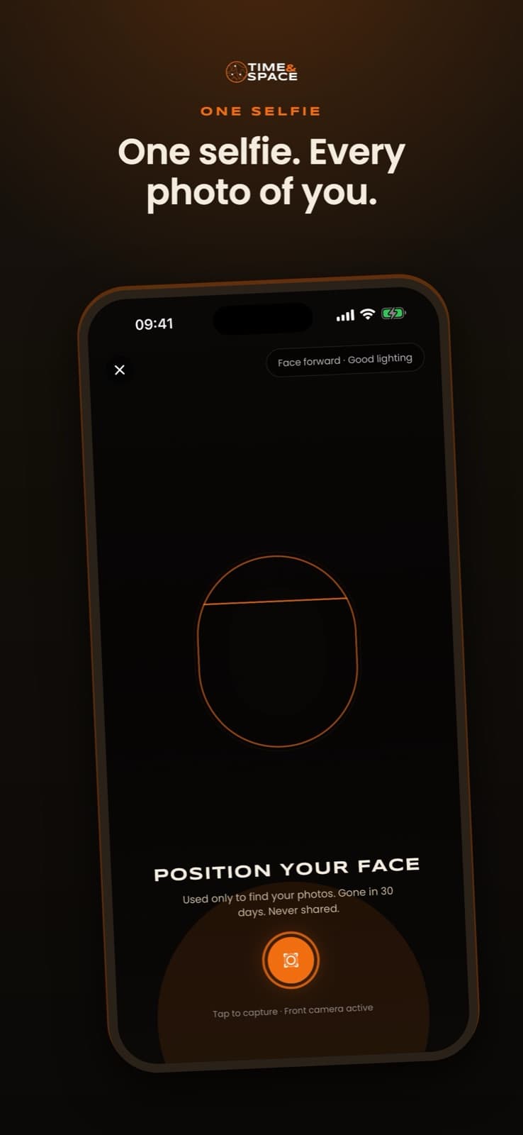 The TIME&SPACE selfie screen on a phone: one selfie, every photo of you