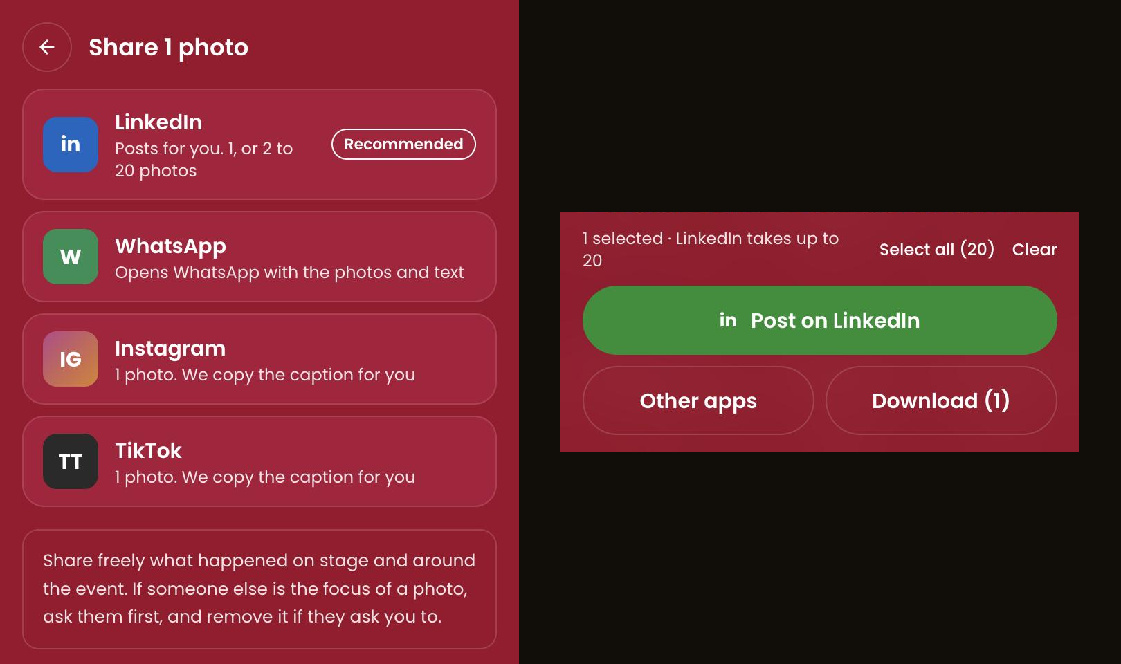 À esquerda, o painel de partilha num telemóvel com o LinkedIn marcado como Recommended, depois WhatsApp, Instagram e TikTok. À direita, a barra de seleção com os botões Post on LinkedIn, Other apps e Download