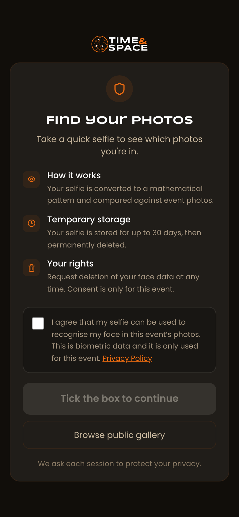 Phone screen titled Find your photos, explaining how it works, temporary storage of the selfie for up to 30 days and your rights, with a consent checkbox